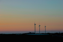 silhouette of three wind turbines at dawn